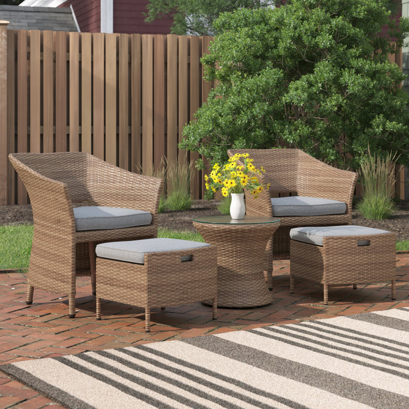 Acuna All-Weather 5 Pc Outdoor Set with 17"H Accent Table With Glass Top 2 Chairs 2 Ottomans