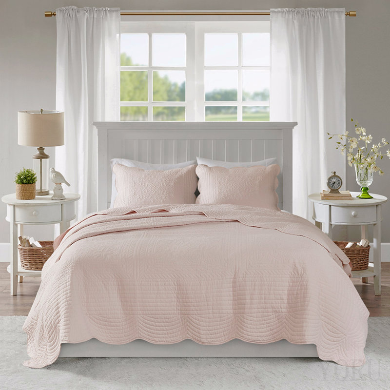 Ensemble de courtepointe réversible 3 pièces à bord festonné Blush King / Cal King, King Quilt + 2 Shams, Rosé