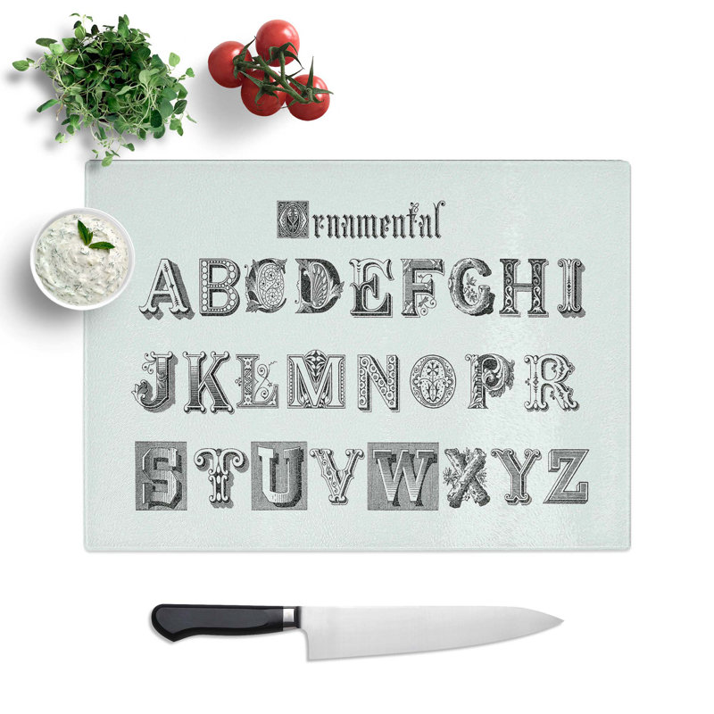 Tempered Glass Ornamental Font Alphabet Chopping Board, 28.5 cm W x 20 cm L