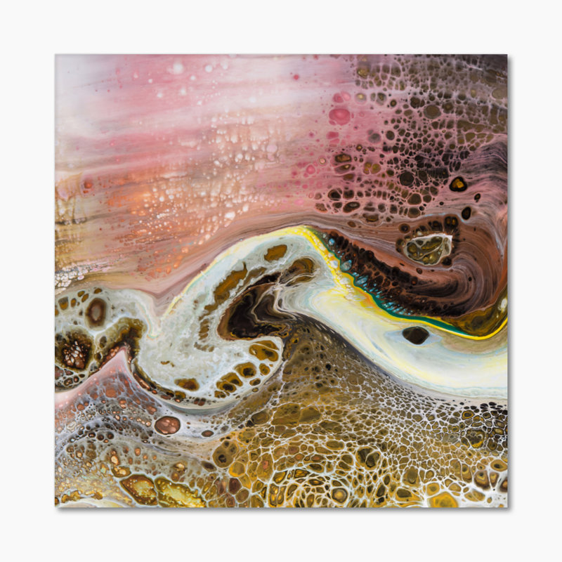 Art liquide blanc avec vagues roses et jaunes - impression sur toile moderne, Toile tendue, H 16 po x l 16 po x P 1 po