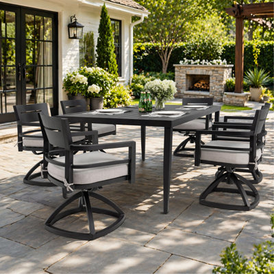 7-Piece Outdoor Patio Modern Dining Set – 6 Swivel Rockers with Sunbrella Cushions and Rectangle Table with Umbrella Hole