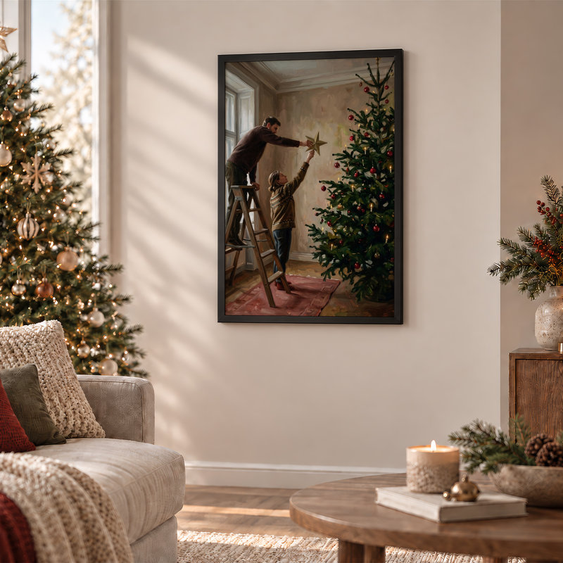 Couple, plaçant une étoile dorée sur un arbre de Noël, art mural sur toile, 24"H x 16"W