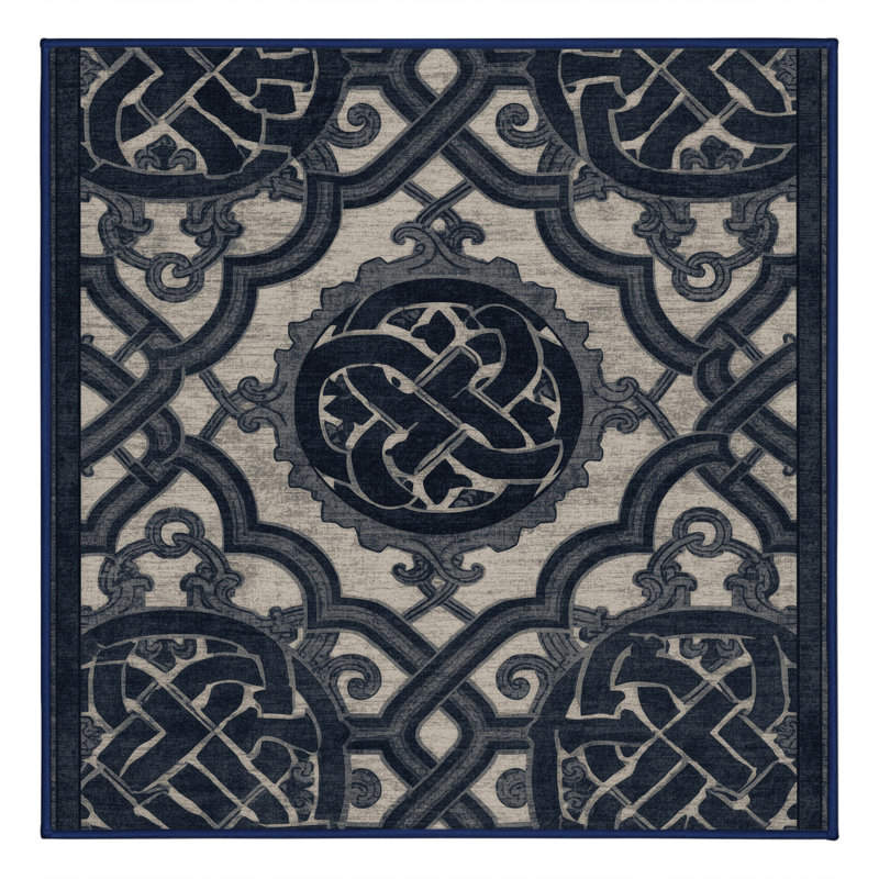 Machine Washable Ottoline Classic Trellis Rug in Gray – Navy Binding, 6' Square