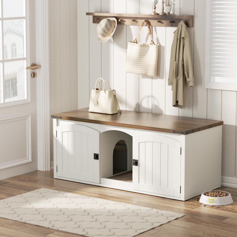 Cat Litter Box Enclosure, White/Brown