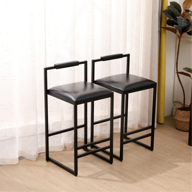 Ensemble de 2 tabourets de bar noirs avec dossier et 2 fauteuils rembourrés en cuir de polyuréthane