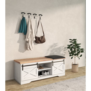 Courtemanche Shoe Storage Bench, Entryway Bench with Doors Cabinet, Adjustable Shelve, Cushioned Seat and Handle Bay Isle Home