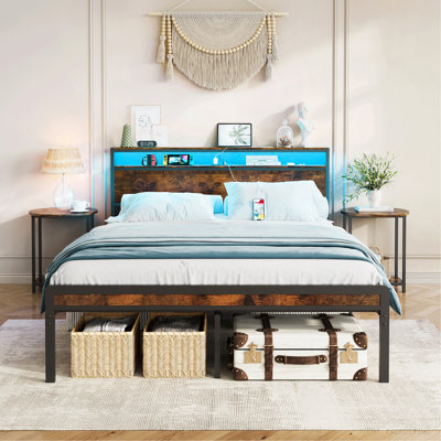 Structure de lit en métal avec tête et pied de lit, éclairage à DEL, sommier noir robuste avec support en lattes d'acier, silencieux, L 81,73 po x l 54,13 po x H 38,96 po