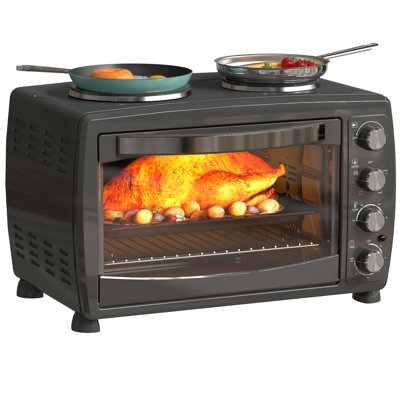 HOMCOM 36L Small Oven with 2 Hot Plates Grill Roast Bake Boil 2600W Black