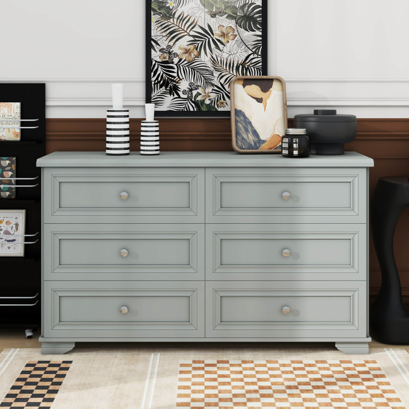 Commode 6 tiroirs en bois de style rétro avec armoire de rangement de style rétro avec poignées en métal, Gris