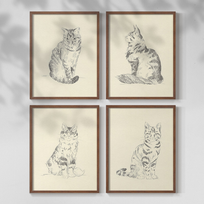 House Cat I Framed Print - Set of 4, 20" H x 16" W, Walnut