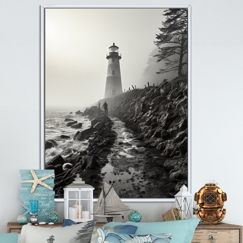Phare Bansemer noir et blanc avec horizon brumeux, H 20 po x l 12 po x P 1 po, Cadre flottant blanc