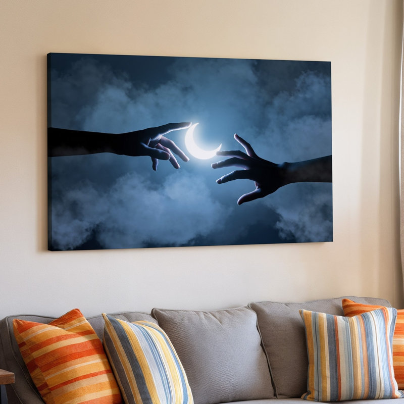 Toile Une scène peu éclairée avec deux mains se rapprochant de chaque art mural, une main légèrement plus basse que l'autre avec un art mural