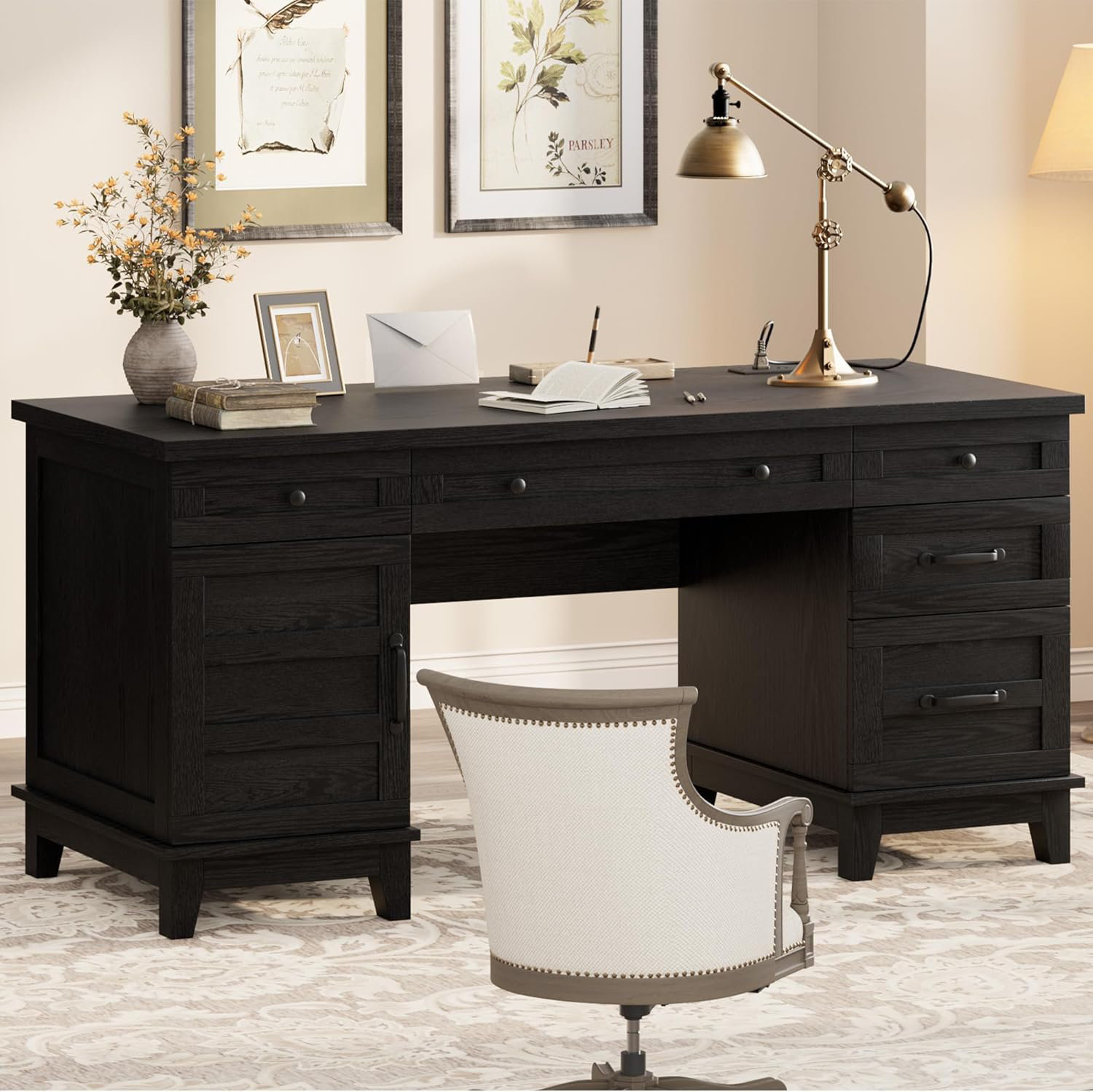 August Grove Extra-Wide Double Workstation Desk with Storage Cabinets ...