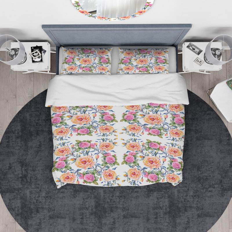 Ensemble de housse de couette designart fleurs, Housse de couette très grand + 2 taies décoratives