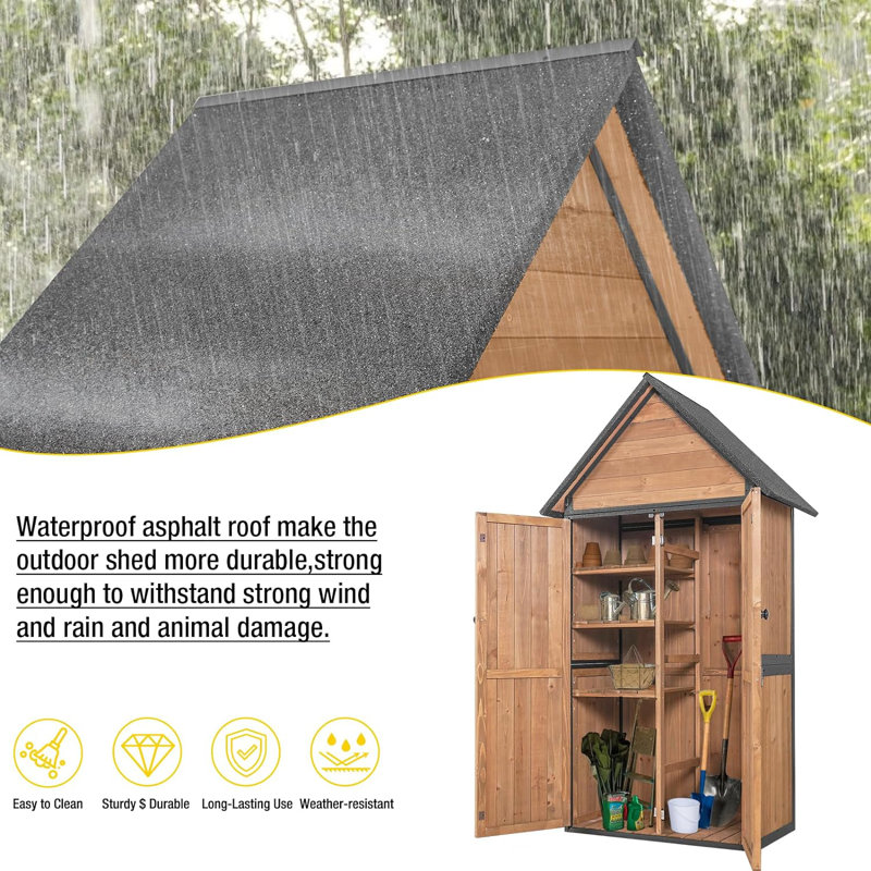 Brown Wooden Outdoor Storage Shed with Metal Frame and Shelving