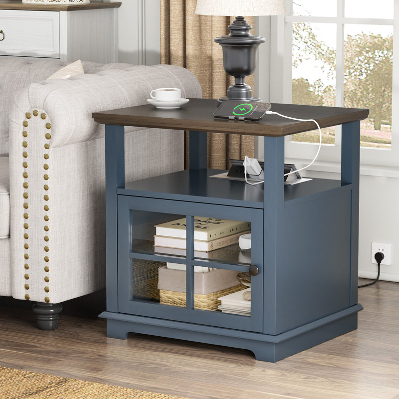 Cherelyn 24" Tall End Table with Storage and Built-In Outlets for Living Room,Bedroom,Office, Oak, Blue