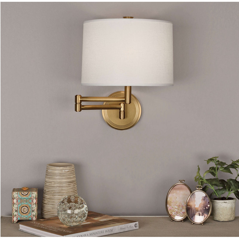 Sofia Solid Brass Plug-in Swing Arm Sconce, Antique Brass, White Linen