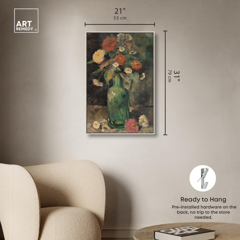 Art floral sur toile verte, Cadre argenté, H 31 po x l 21 po