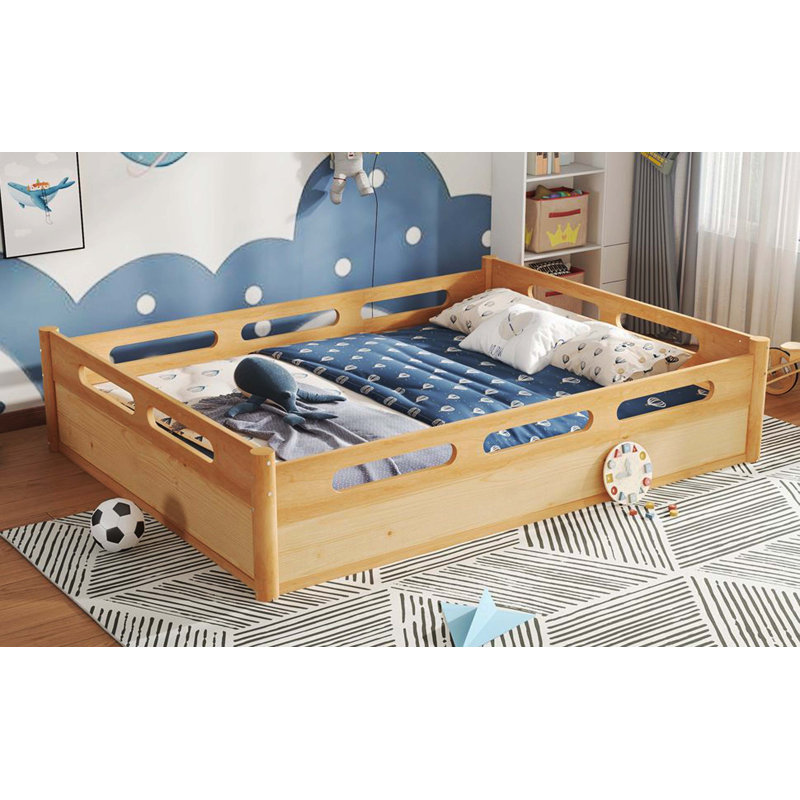 Lit plateforme grand format grand lit avec garde-corps pleine longueur, base de lit à lattes de bois, aucun sommier requis, naturel