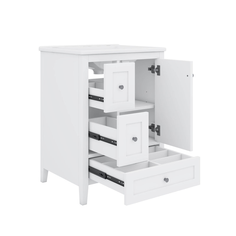 Armoire de salle de bain 24 pouces avec 3 séparateurs amovibles à 3 tiroirs et tablette personnalisable, Blanc
