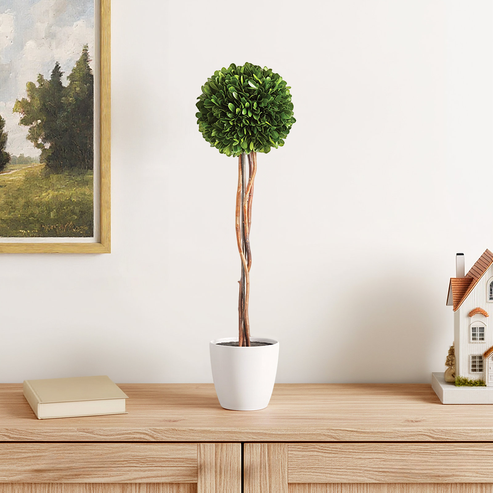 Alby Faux Boxwood Topiary in Planter, 24" H x 6.5" W x 6.5" D