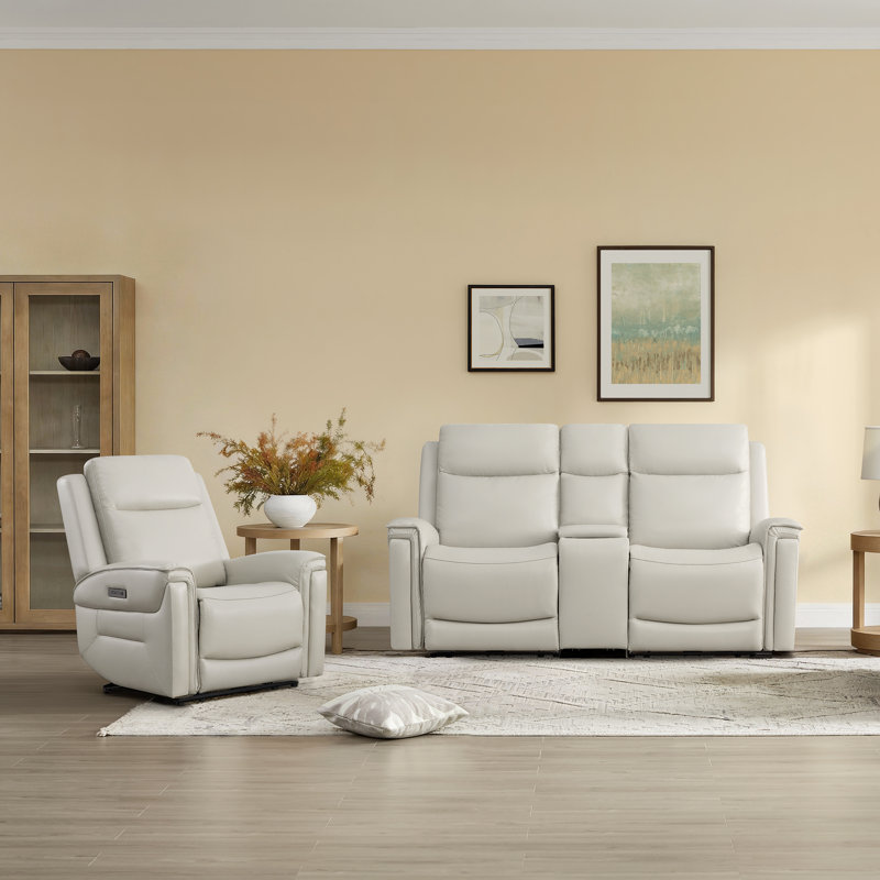 Super Zero-Gravity Genuine Leather Dual Motor 2PC Power Sofa With Power Headrest & Multi-Function Console, Light Gray