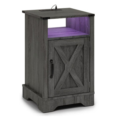 Table de chevet DEL avec station de charge, table de chevet avec placard et étagère de rangement, style rustique, gris foncé