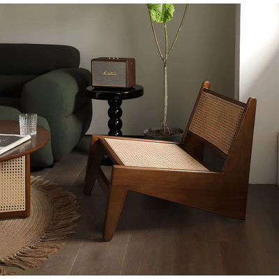 Modern Mid-Century Accent Chair, Natural Rattan Woven Lounge Armchair, Boho Style Solid Wood Side Corner Chair