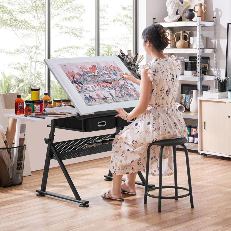 Height Adjustable Drawing and Drafting Table, White
