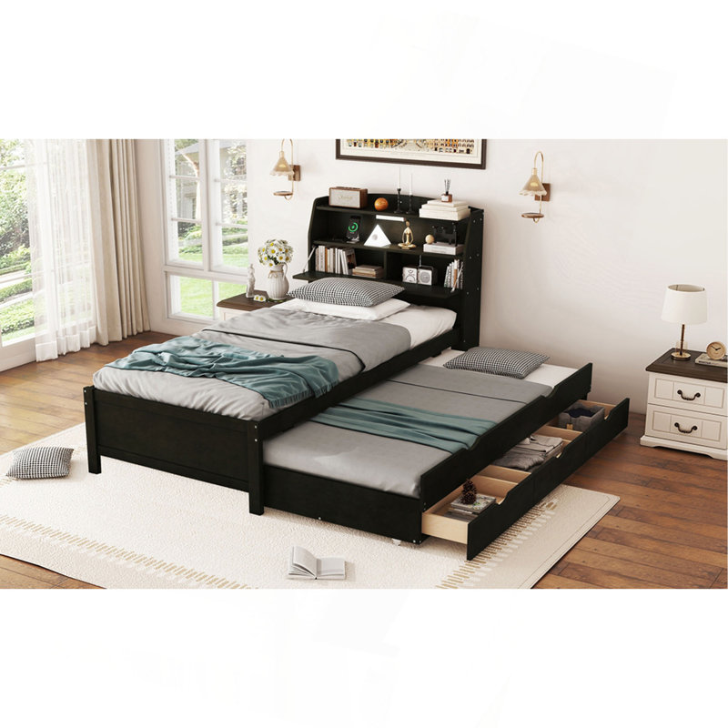 Lit plateforme simple en bois avec lit gigogne, tête de lit et tiroirs, Lit simple, Brun