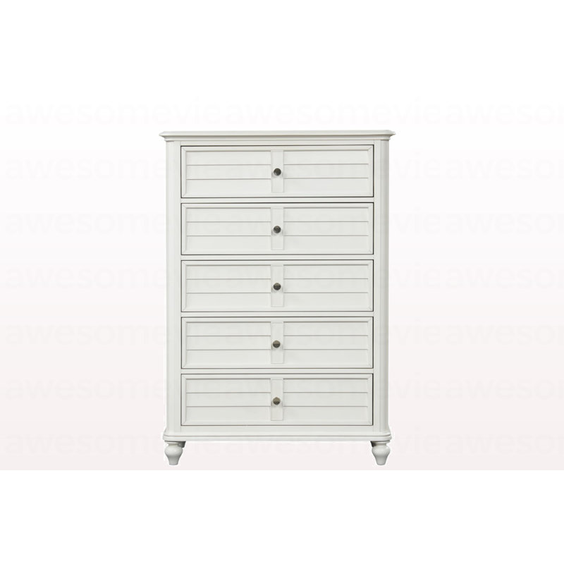 Commode de style transitionnel avec fini blanc antique et tiroirs à queue d'aronde avec glissières à roulement à billes et poignées rondes