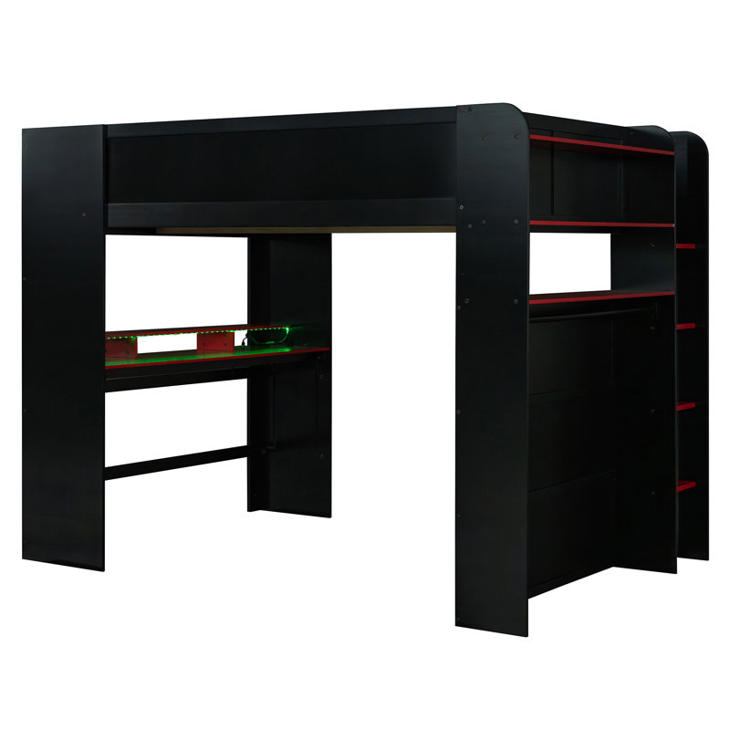 Full Size Wood Bunk Bed with height-adjustable Desk,Wardrobe,Ample Storage Space,and RGB Light, Red, Red