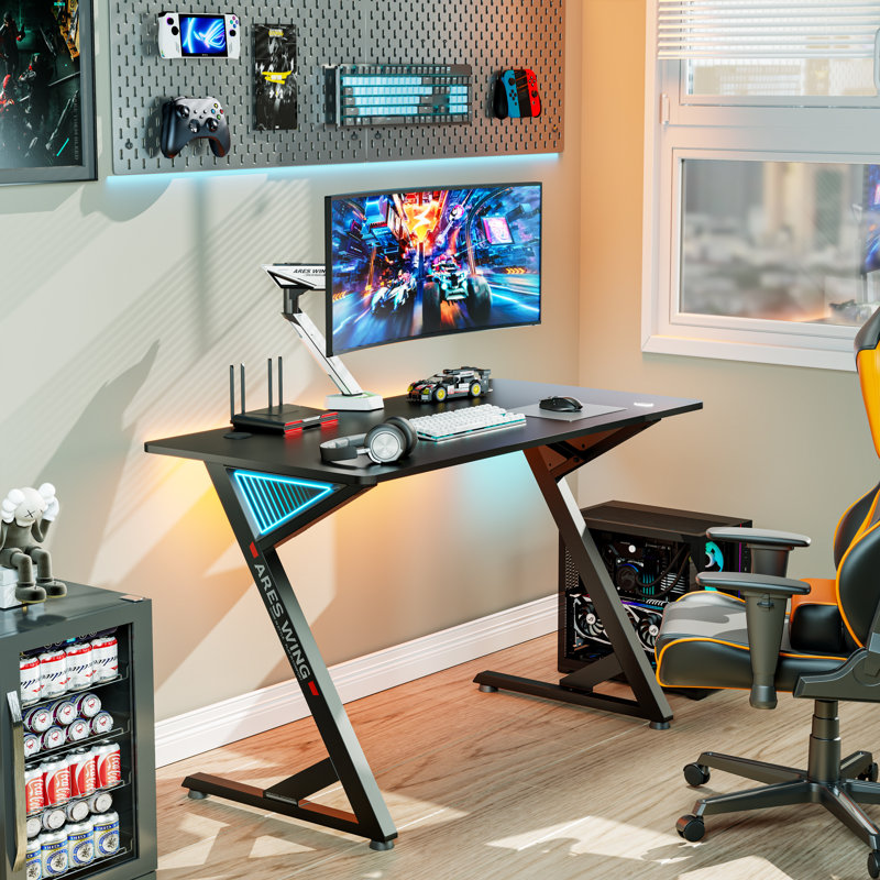 ARES WING Gaming Desk with Infinity Mirror RGB Light Office Computer Table Z Shade White, Black