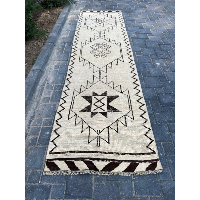 3.1x11.5 Ft Bohemian Wool Runner Rug, Beige Patchwork Design
