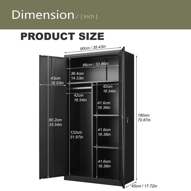 Metal Large-Capacity Wardrobe With Hanging Rod And Compartments, Lockable Closet With Locks & Keys, Steel Construction, Waterproof & Fireproof, Suitable For Bedroom