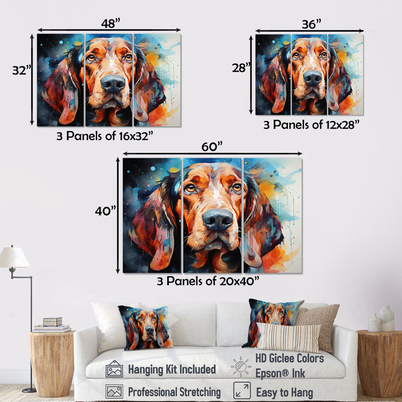 Chien, basset hound, ensemble d'art sur toile, H 32 po x l 48 po