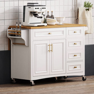 52" Kitchen Island with Drop Leaf & Embossed Texture | Blue Grey Rolling Kitchen Cart with Spice Rack, Towel Rack, 2 Doors & 5 Drawers – Adjustable Shelf, Locking Wheels for Kitchen, Dining, or Prep Space