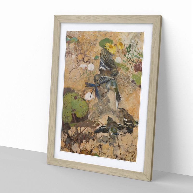 Birds and Dragonflies by Bruno Liljefors - Picture Frame Graphic Art, Oak, 90cm H x 65cm W x 2cm D