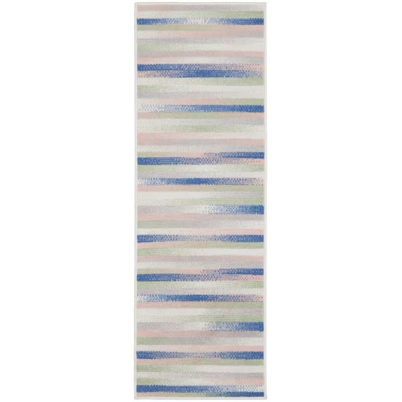 Bleu rayé/Ivoire/rose Tapis décoratif, Tapis de couloir 2 pi x 8 pi