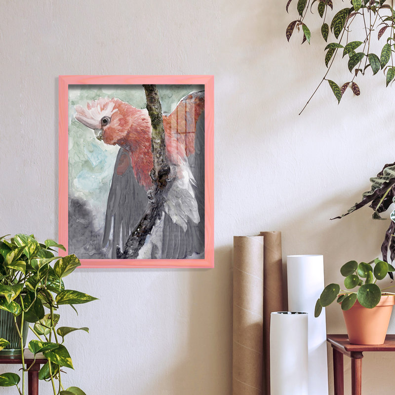 Tropic Parrot II encadré sur papier, H 15 po x l 12 po x P 1 po, Encadré rose