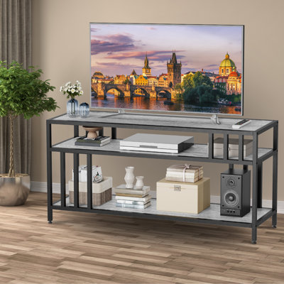  58'' TV Stand Fits TV up to 65'', TV Media Console with 3-Tier Open Storage Shelves, Industrial Entertainment Center with Quadruple-Tube Support for Living Room, Gray