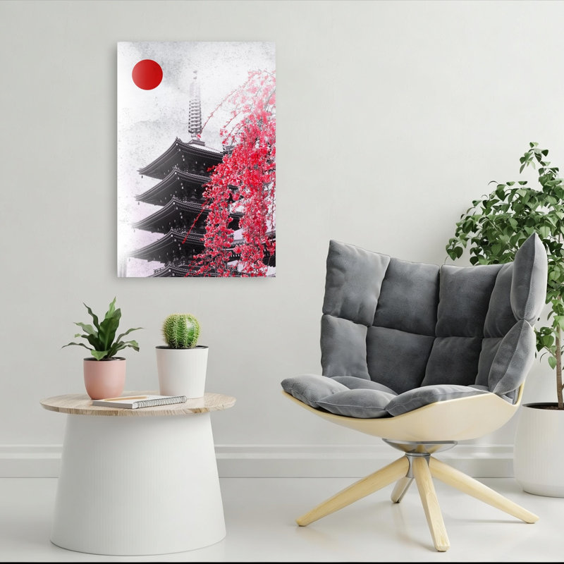 Japanese Pagoda Cherry Blossoms Contemporary Wall Art Print by Ariz Rab - Wrapped Canvas Print, 91.44cm H x 60.96cm W