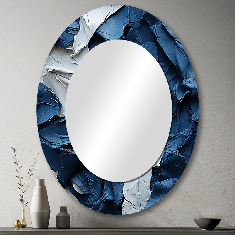 Bliss Of Happiness in Aegean Blue - Miroir décoratif ovale abstrait sur métal, 43 po x 33 po