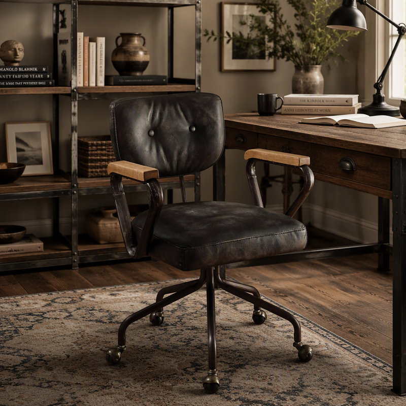 Fauteuil de bureau pivotant vintage en similicuir, orné de clous décoratifs, avec accoudoirs en bois et piètement en métal, sans relevage.
