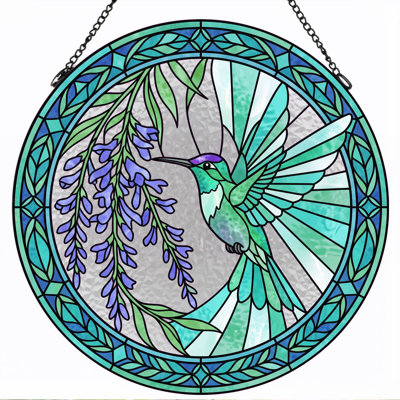 Hummingbird Wisteria Stained Glass Window Panel，12"H
