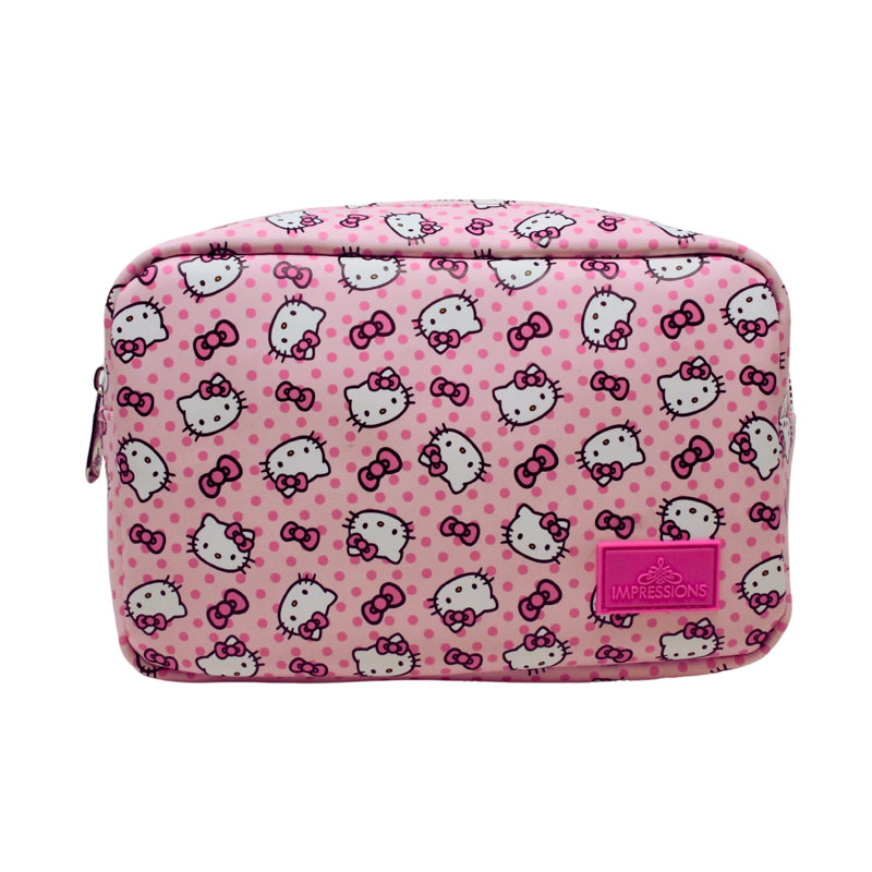 Hello Kitty Pink A Dot Cosmetic Pouch for purse With Silver Hardware, Polyester Lined Interior Travel Makeup Bag Organizer with Inner Slip Pocket
