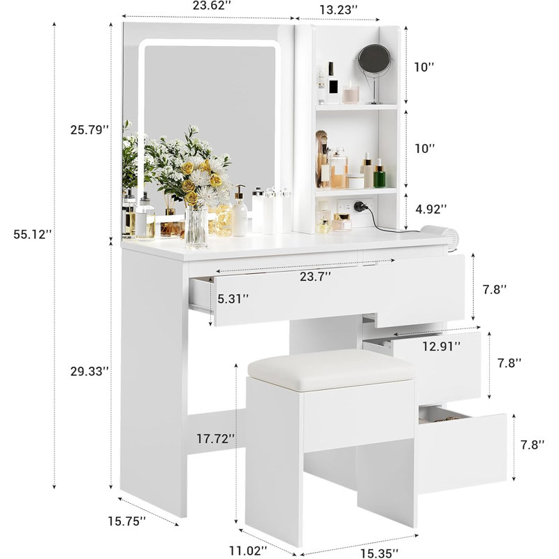Bureau de coiffeuse avec miroir et lumières - Coiffeuse à maquillage moderne avec prises / Tabouret de rangement / 4 tiroirs et support pour sèche-cheveux - Miroir de coiffeuse à DEL 3 couleurs - Coiffeuses pour chambre à coucher - Blanc