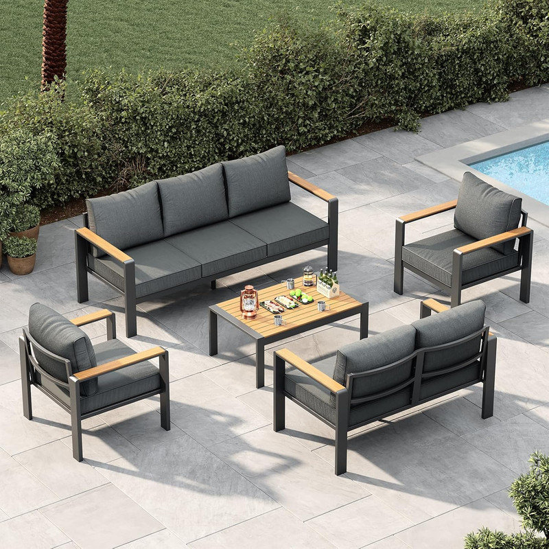 5-Piece Aluminum Outdoor Patio Sectional Set with 6" Thick Cushions, 30.8" High Back, Coffee Table for Porch, Balcony, Deck, Yard