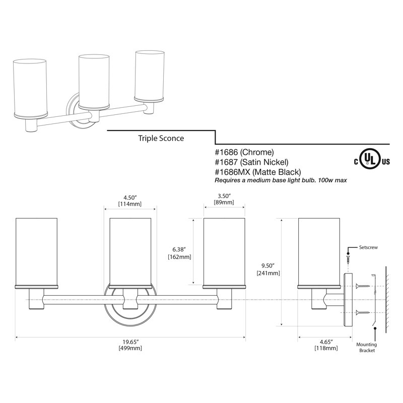 Latitude II Wall Mounted 3-Light Fixture with Frosted Shades / Triple Sconce, Satin Nickel
