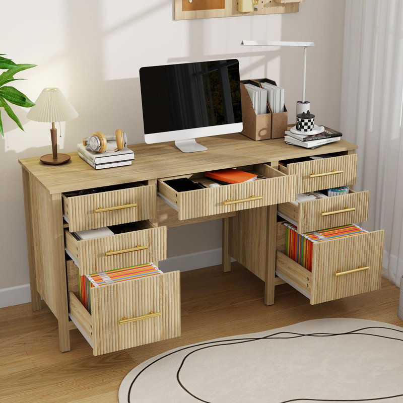 60" Fluted Executive Desk with Storage Drawers, Home Office Desk with File Drawers